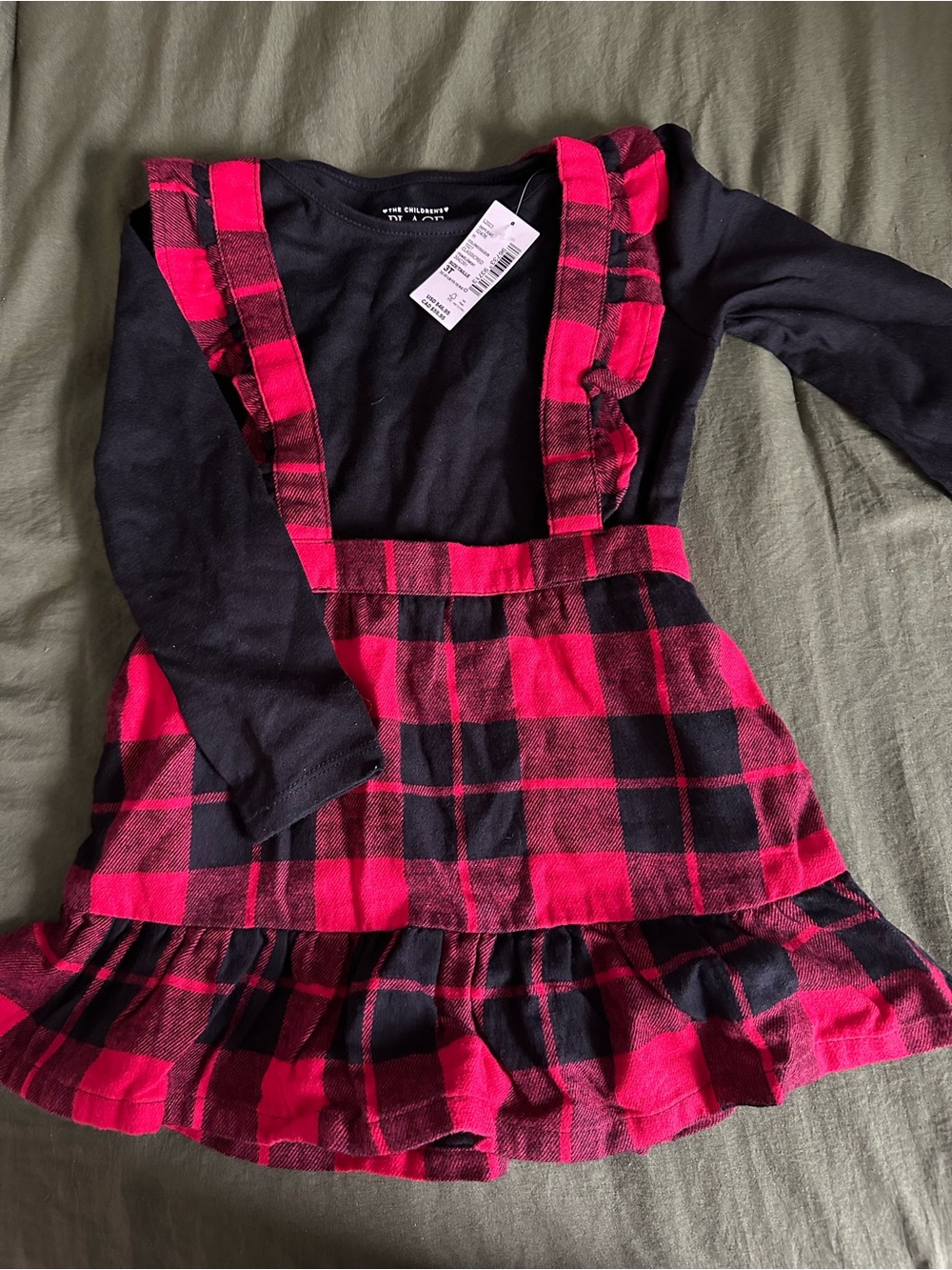 The Children's Place Black Top with Red Plaid Pinafore Dress